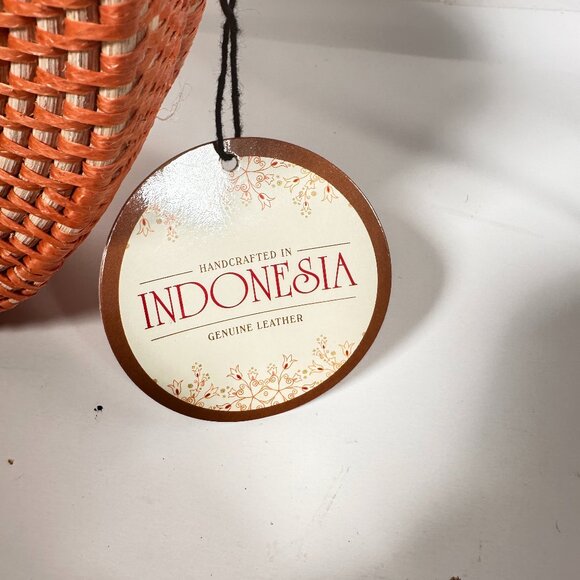 Rattan Orange Round Crossbody Bag Circle Leather Shoulder Strap Boho - Picture 7 of 8